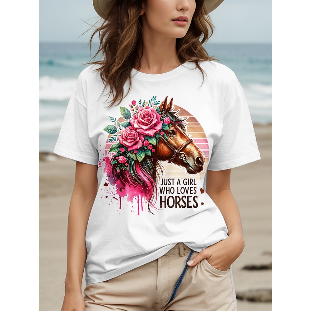 Kentucky Derby Damen Baumwoll-Shirt Rose Tier Buchstabe Brautkleider schlicht Kurzarm Rundhalsausschnitt Normale Oberteile Täglich Bedruckt Weiß Sommer Lightinthebox