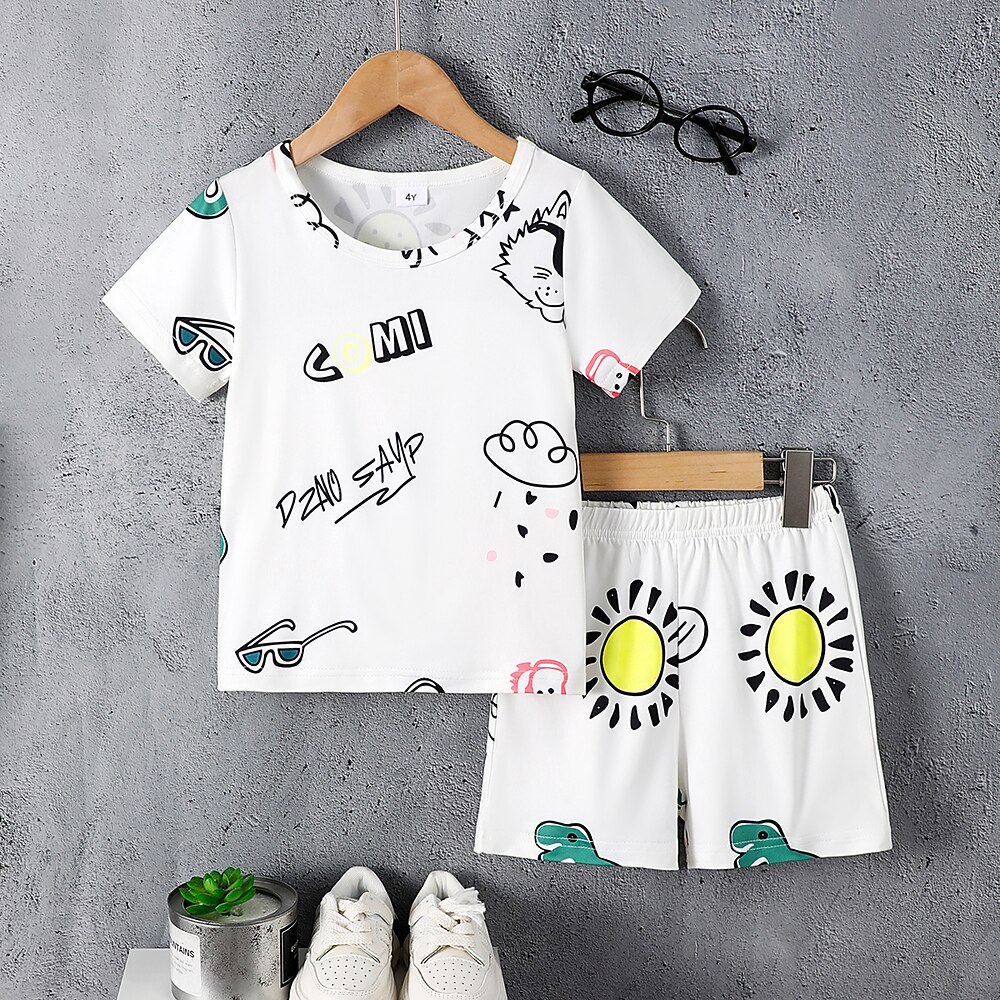 2 Stück Kleinkind Jungen T-Shirt Shorts Outfit Dinosaurier Sonne Kurzarm Rundhalsausschnitt Set Schule Mode Täglich Sommer 4-7 Jahre Weiß Lightinthebox