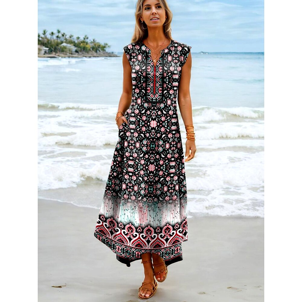 Damen Maxikleid Sommerkleid A Linie Kleid Urlaub Boho Strand Party Strand Standard Passform Ombre Blumen Grafik Ärmellos V Ausschnitt Schwarz Sommer Frühling Lightinthebox