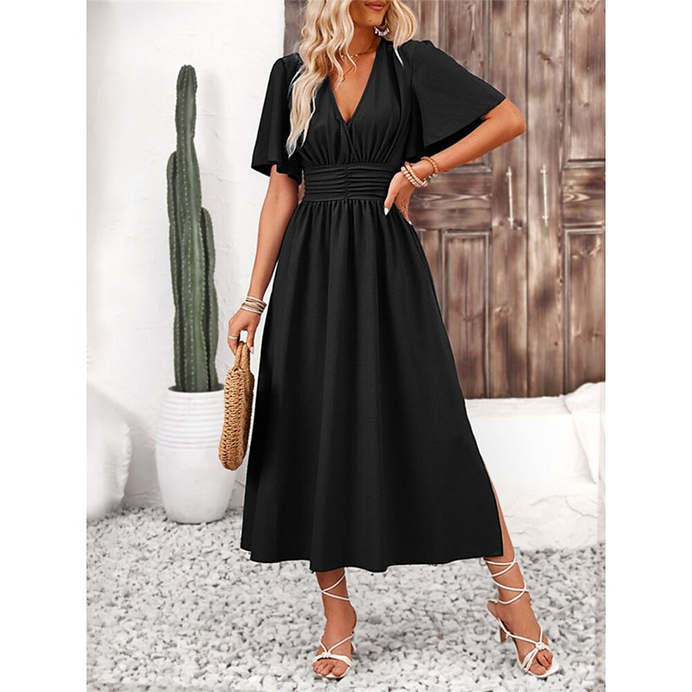 Damen Langes Kleid Maxikleid Freizeitkleid Skaterkleid Sommerkleid Elegant Mode Modern Täglich Date Wochenende Normale Passform Einfach Kurzarm V Ausschnitt Schwarz Marineblau Leicht Blau Sommer Lightinthebox