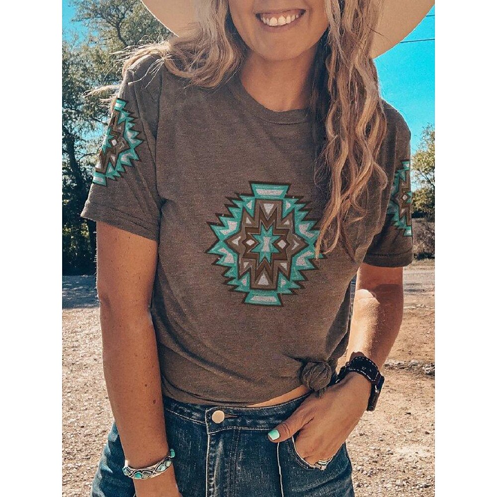 Damen Sommeroberteile Grafik Stammes Mode Western Lässig Kurzarm Rundhals Normale Oberteile Täglich Ausgehen Wochenende Patchwork Druck Braun Sommer Frühling Lightinthebox