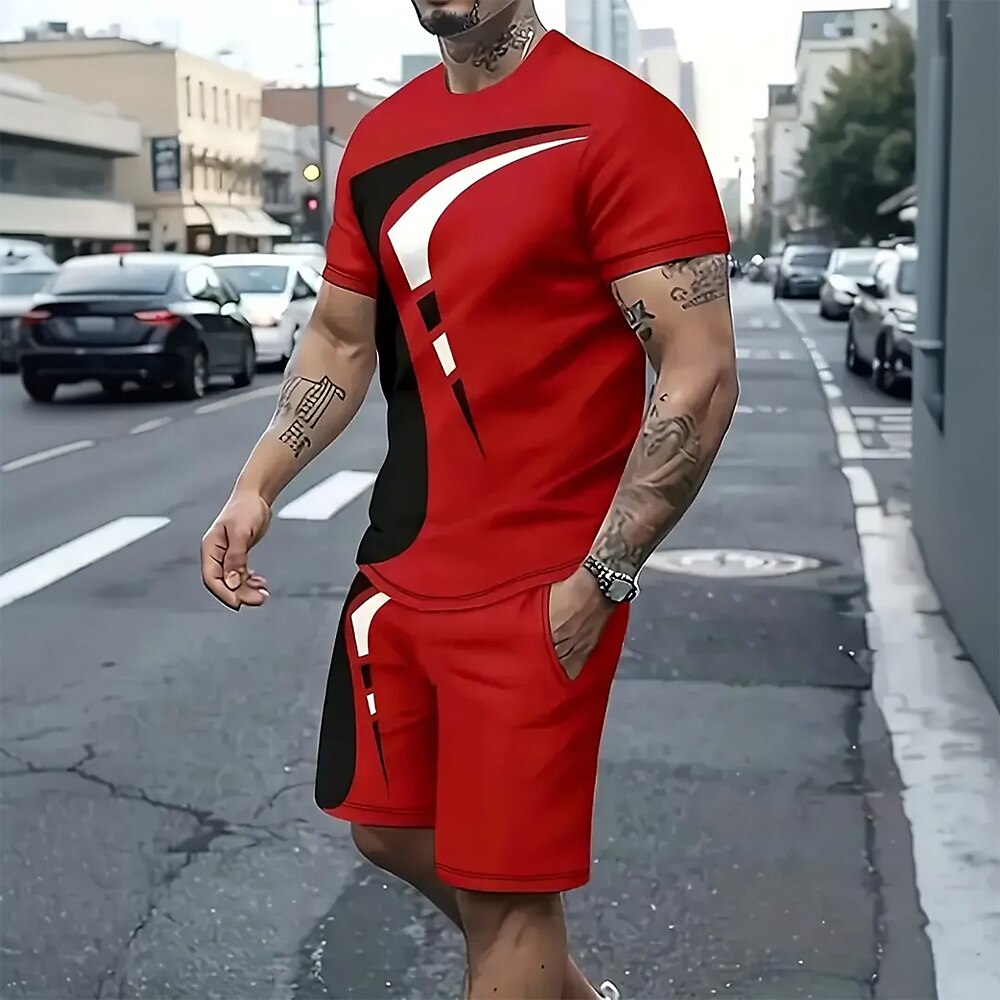 Herren Sommer Geometrisch 2St T-Shirts-Sets Sommeroberteile Kurzarm Kurze Hosen Rundhalsausschnitt Sport Lässig Outdoor Sport Lässig 3D-Druck Rubinrot Rote Lightinthebox