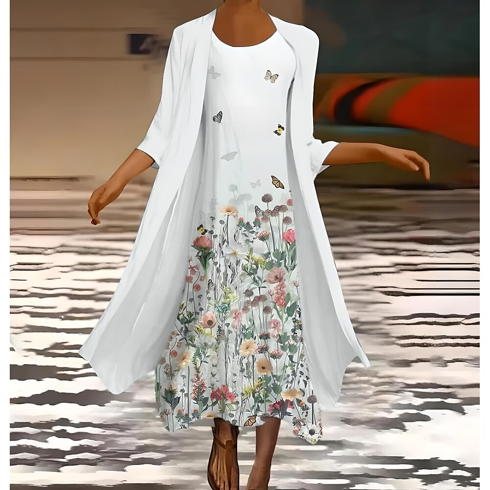 Damen Kleid-Set Sommerkleid Urlaub Lässig Ombre Blumen Druck Maxikleid Dreiviertelarm Rundhalsausschnitt Hochzeitsgast Geburtstag Weiß Himmelblau Sommer Frühling Normale Passform Lightinthebox