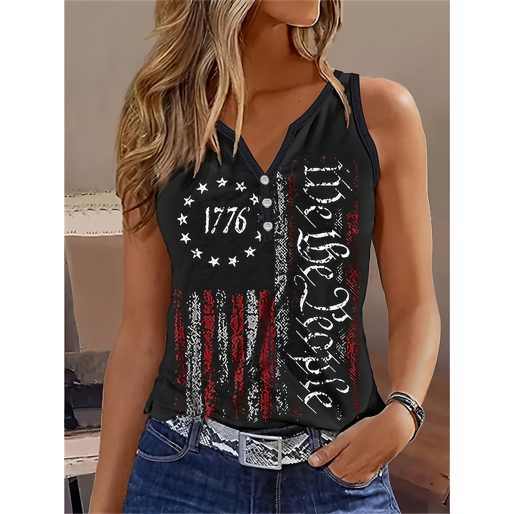 Amerikanischer Unabhängigkeitstag Damen Camisole-Tanktop Flagge Täglich Stilvoll Ärmellos Einkerbiger Ausschnitt Normale Oberteile Täglich Ferien Knöpfe Druck Schwarz Sommer Lightinthebox