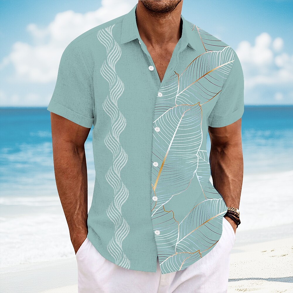 Herren Geometrisch Palmblatt Tropische Pflanzen Hemd Guayabera Hemd Knopfhemd Kurzarm Hawaiianisch Urlaub Alltagskleidung Strandbekleidung Sommer Frühling Umlegekragen 3D-Druck Hemden mit Kragen Rosa Lightinthebox