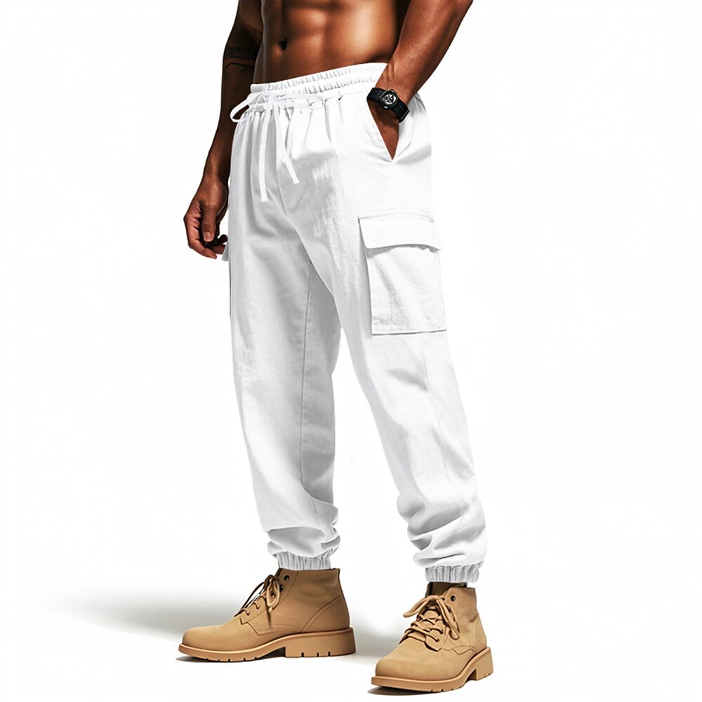 Herren Leinenhosen Hose Sommerhose Strandhose Tasche Kordelzug Elastischer Bund Einfach Komfort Atmungsaktiv Urlaub Täglich Ferien Hawaiianisch Boho Schwarz Weiß Lightinthebox