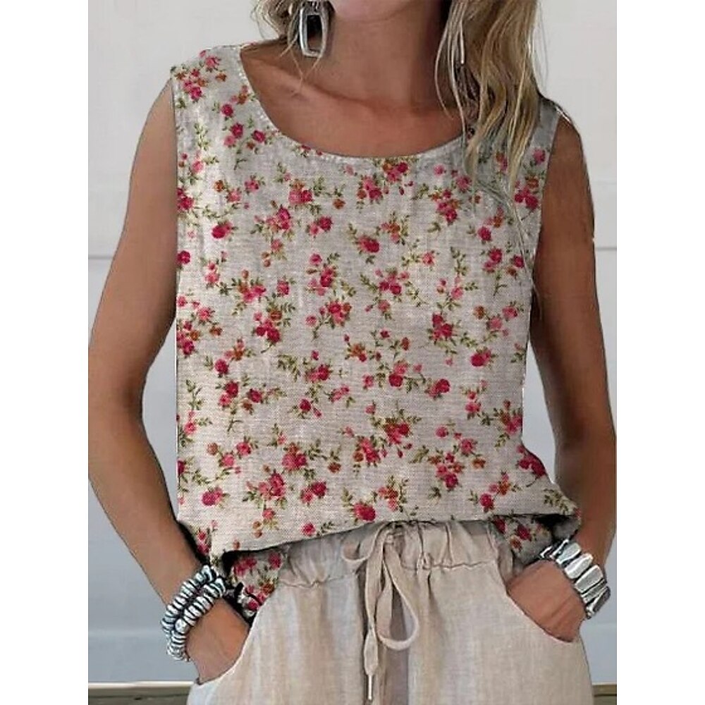 Damen Tank Top Blumen Stilvoll Modern Ärmellos Rundhalsausschnitt Normale Oberteile Täglich Ferien Druck Rote Leicht Braun Braun Khaki Aprikose Sommer Lightinthebox