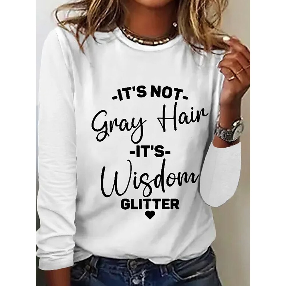 Damen T Shirt Grafik Buchstabe Lässig Langarm Rundhalsausschnitt Normale Oberteile Täglich Druck Schwarz Weiß Rosa Grau Frühling Herbst Lightinthebox