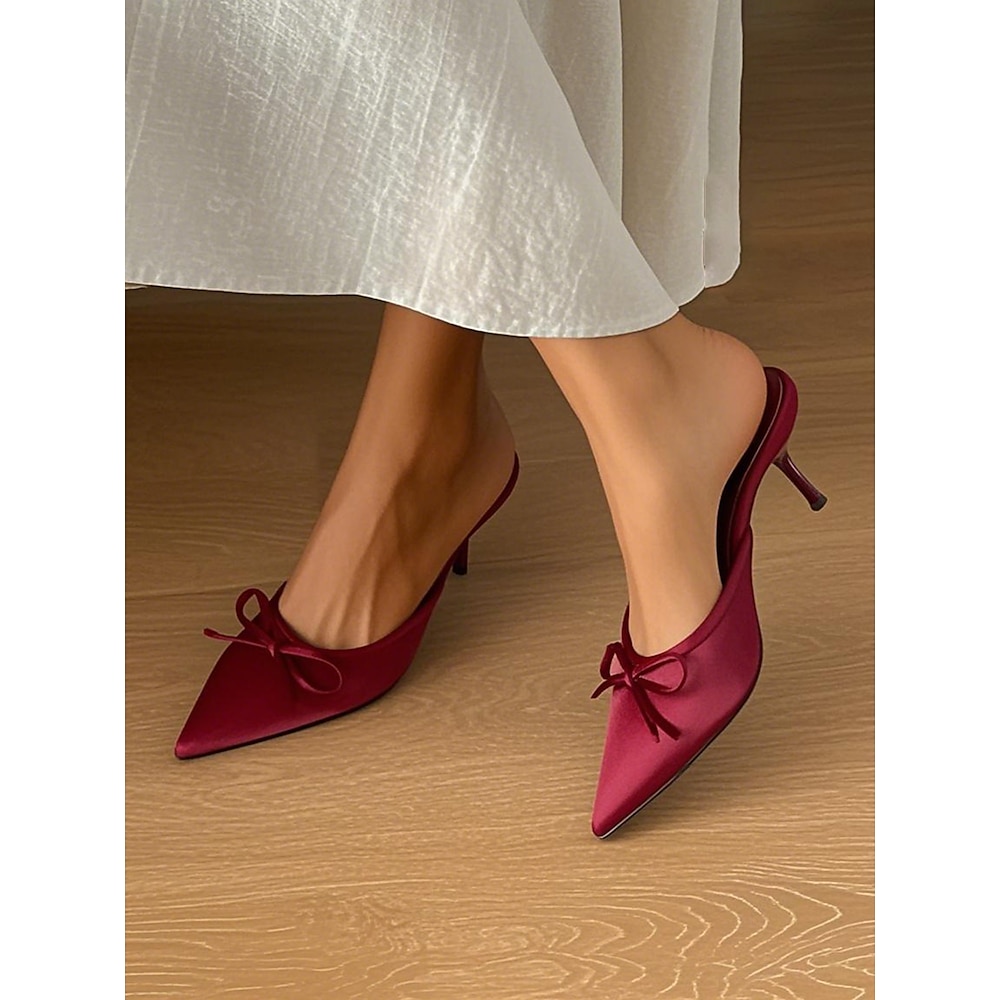 Burgunderrote Satin-Kitten Heels für Damen - Pantoletten mit spitzer Spitze und Schleifendetail für elegante Verabredungen und Alltagsoutfits Lightinthebox