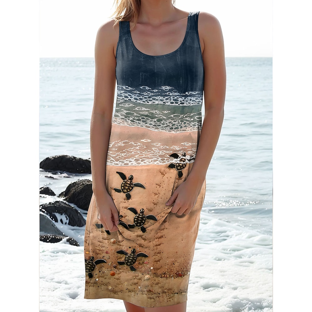 Damen Mini Kleid Sommerkleid Urlaub Lässiger Alltag Lässige Passform Grafisch Schildkröte Ärmellos U-Ausschnitt Marineblau Hellhimmelblau Sommer Lightinthebox