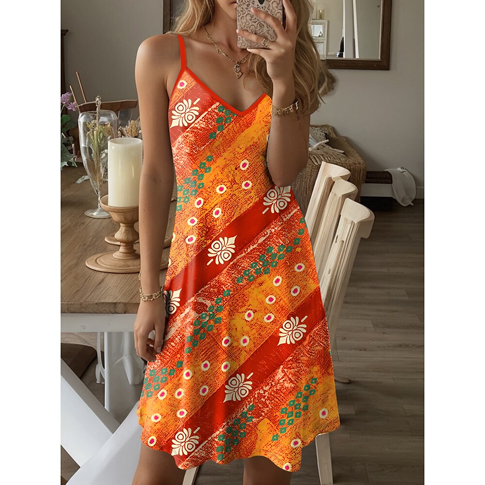 Damen Minikleid A Linie Kleid Sommerkleid Unterkleid Lässig Täglich Normale Passform Grafik Geometrisch Ärmellos V Ausschnitt Orange Sommer Lightinthebox