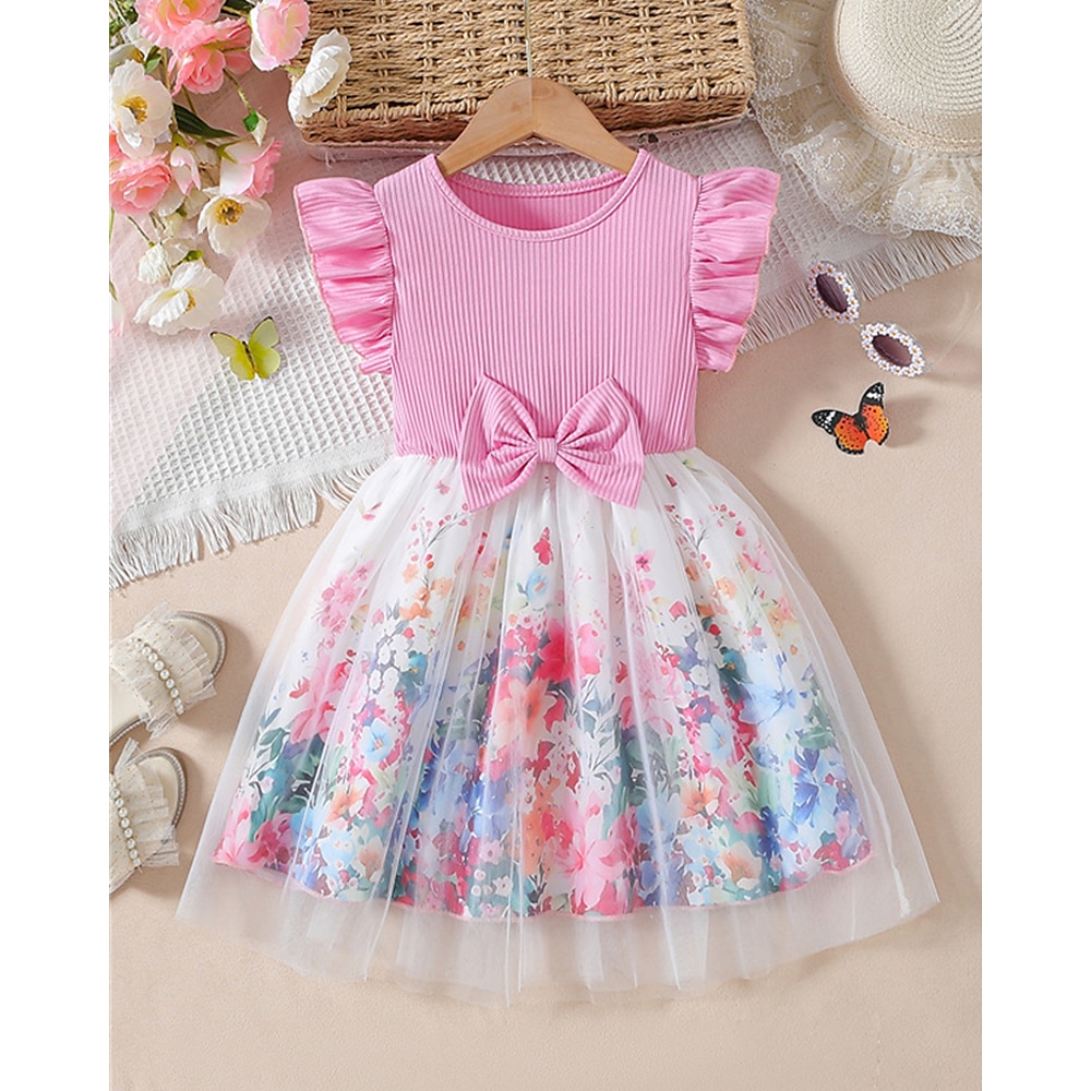 kinderkleidung Mädchen Kleid Blumenkleid Blume Ärmellos Outdoor Casual Rüsche Modisch Täglich Baumwolle Knielang Casual kleid A Linie Kleid Sommer 4 Jahre Rosa Lightinthebox