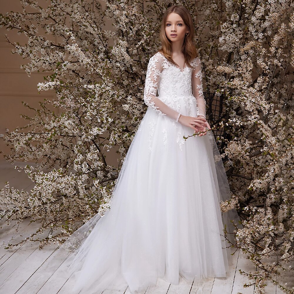 Blumenmädchenkleid Mädchen Formelle Kleidung Prinzessinenkleid Erstkommunion Kleid Hochzeitskleidung Hochzeit Party Prinzessin Süß Ostern Gerafft Einfarbig Langarm V-Ausschnitt Weiß Ab 4 Jahren Lightinthebox