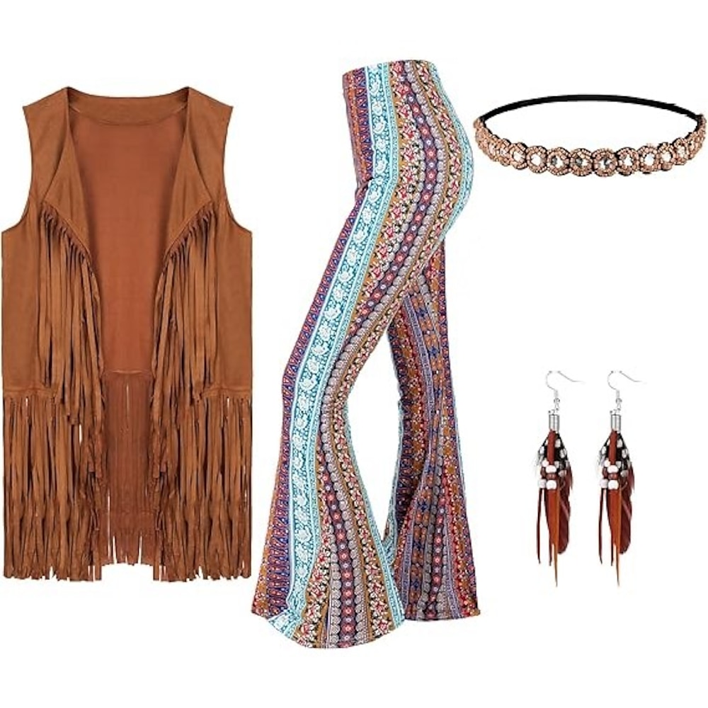 Retro Vintage 1960er 1970er Cosplay Kostüm Outfits Hippie Damen Karneval Maskerade Leistung Party Erwachsene Weste Hose Ohrringe Lightinthebox