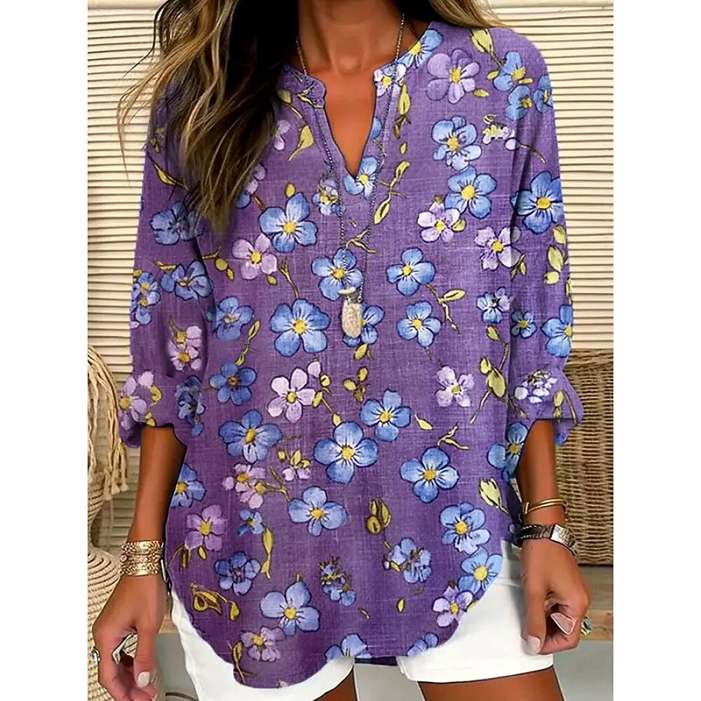 Damen Hemd Blumen Grafik Vintage Tropisch Hawaiianisch Langarm V Ausschnitt Normale Oberteile Täglich Ferien Strandbekleidung Druck Weiß Purpur Grün Sommer Frühling Lightinthebox