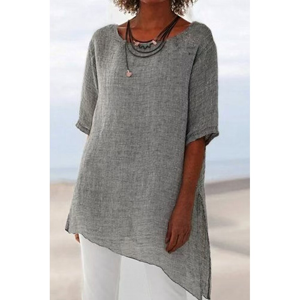 Damen Baumwoll-Leinenhemd Bluse Einfach Modern Lässig Kurzarm Rundhalsausschnitt Normale Oberteile Täglich Ferien Ausgehen Asymmetrischer Saum Armeegrün Leicht Braun Purpur Grau Sommer Lightinthebox