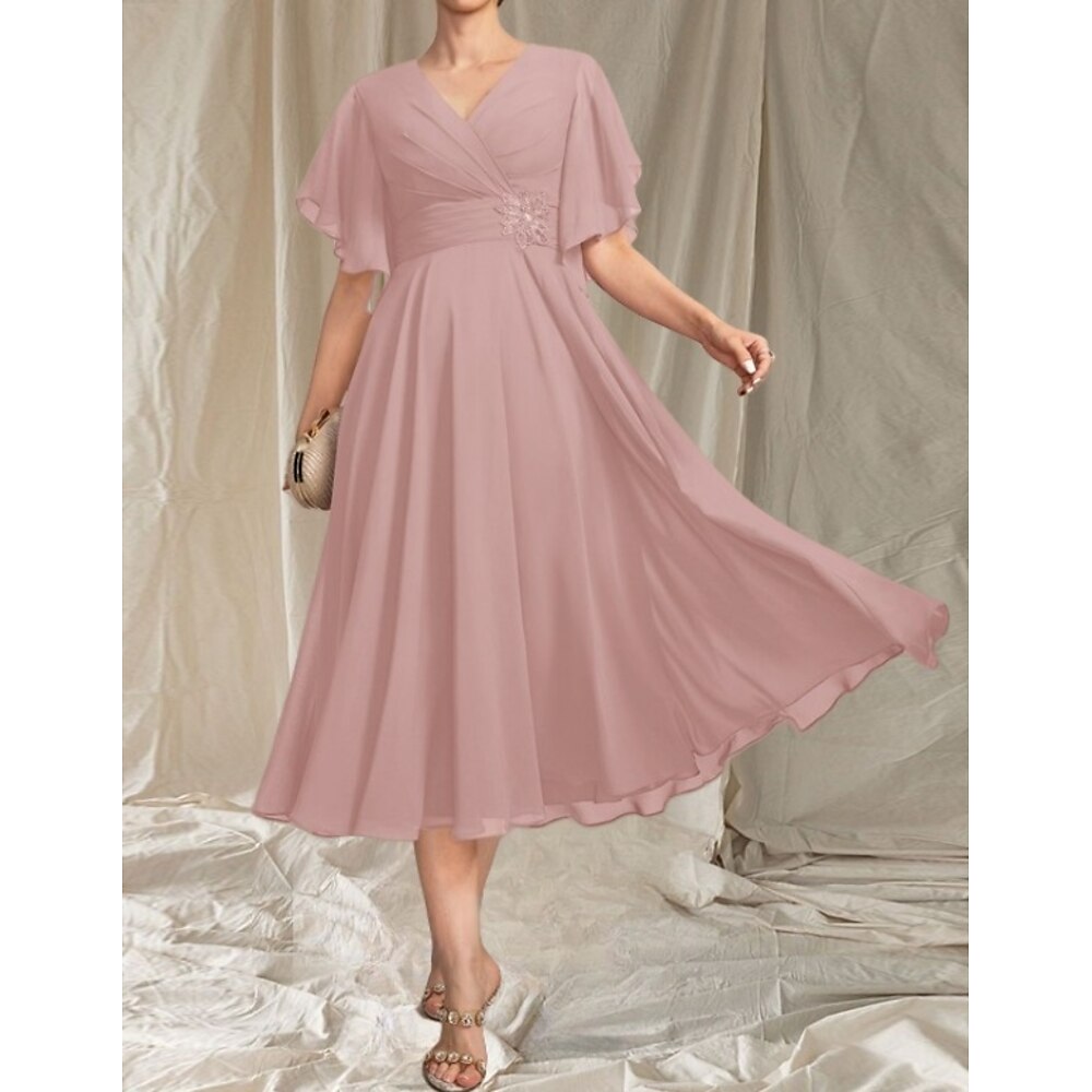 A-Linie Brautmutterkleid Hochzeitsgast Elegant V Ausschnitt Tee-Länge Chiffon Kurzarm mit Applikationen Raffung 2025 Lightinthebox