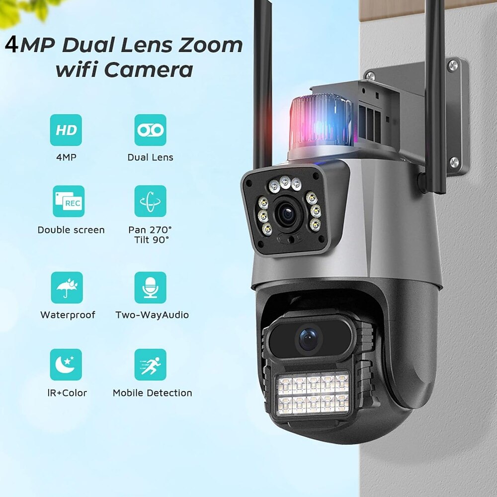 Drahtlose Sicherheitskamera mit zwei Objektiven für den Außenbereich, IP66, 1080p, HD, WLAN, PTZ-Kamera, IP-Überwachungskamera mit Zweiwege-Audio, Farbnachtsicht, Bewegungserkennung für Google Lightinthebox