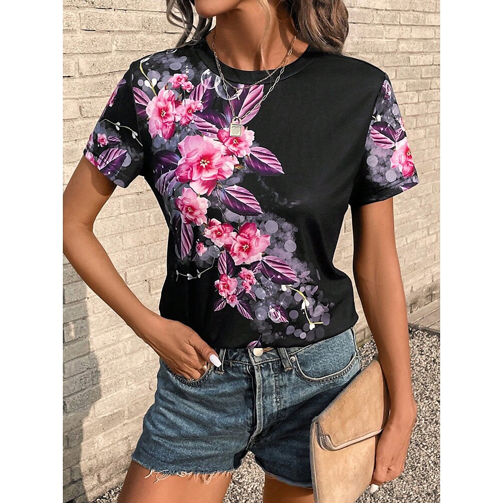 Damen T Shirt Blumen Grafik Lässig Kurzarm Rundhals Normale Oberteile Täglich Druck Rosa Sommer Lightinthebox
