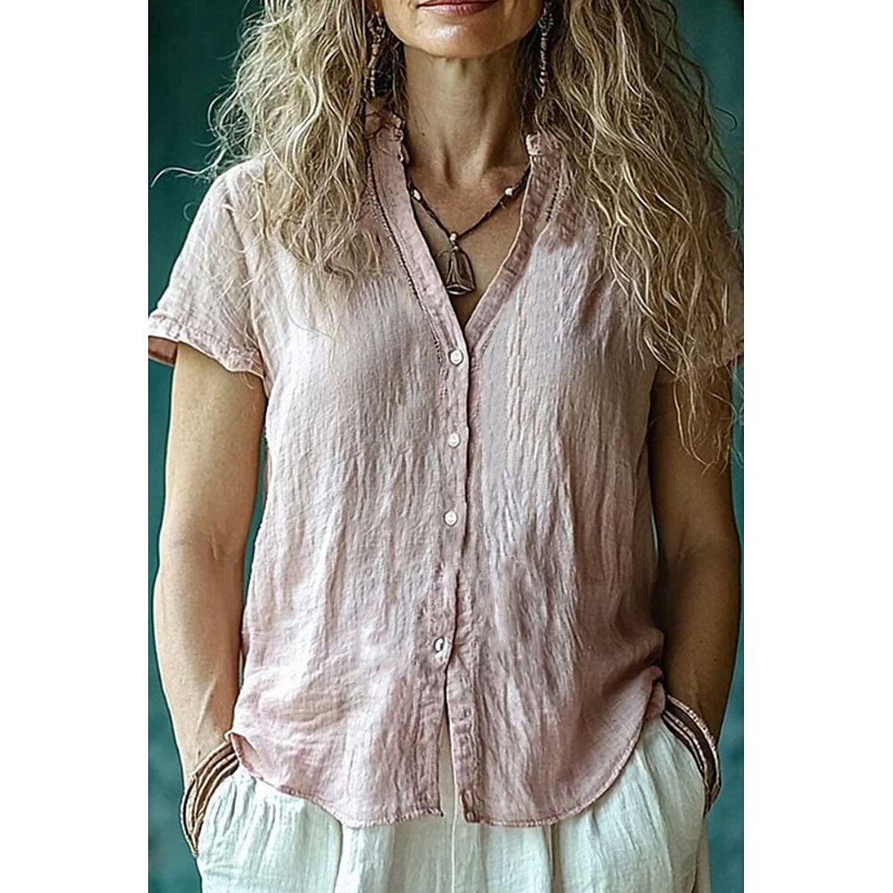 Damen Hemd Baumwoll-Leinenhemd Bluse Einfach Basic Lässig Kurzarm V Ausschnitt Normale Oberteile Ferien Ausgehen Knöpfe Erröten Sie Rosa Hellgrün Leicht Blau Sommer Lightinthebox