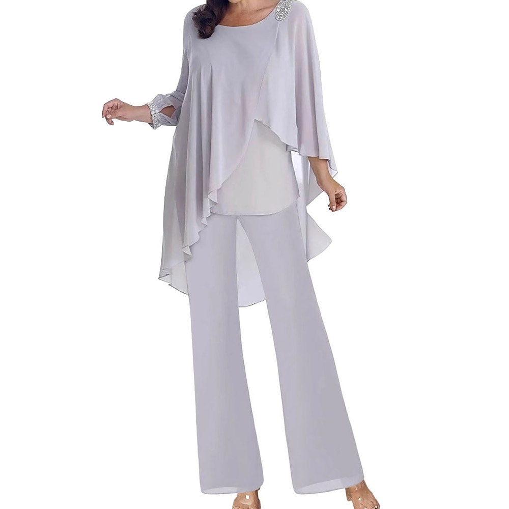 Hosenanzug Brautmutterkleid Elegant Einfach Rundhalsausschnitt Bodenlang Leinen Baumwoll Mischung Langarm mit Einfarbig 2025 Lightinthebox