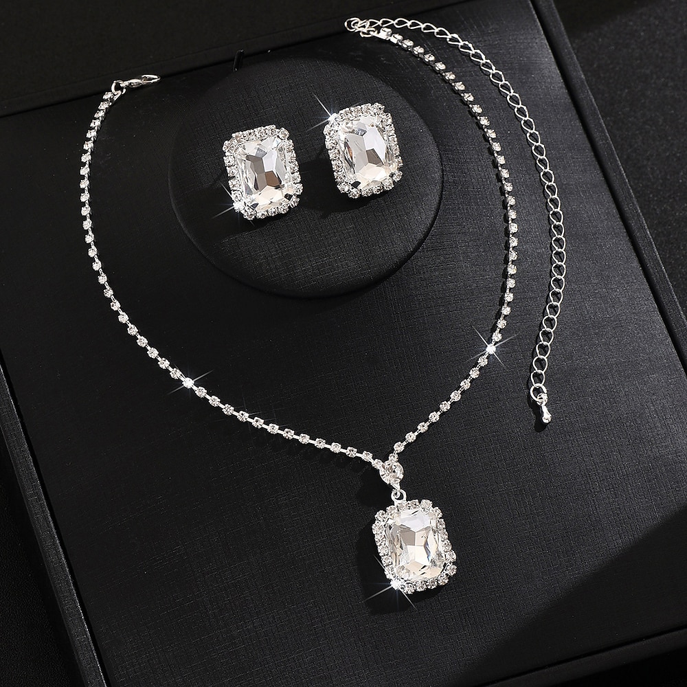 Brautschmuck-Sets 2 Diamantimitate 1 Halskette Ohrringe Damen Klassisch Süß lieblich Klassisch Liebe Kostbar Rechteck Schmuck-Set Für Hochzeit Geschenk Täglich Lightinthebox