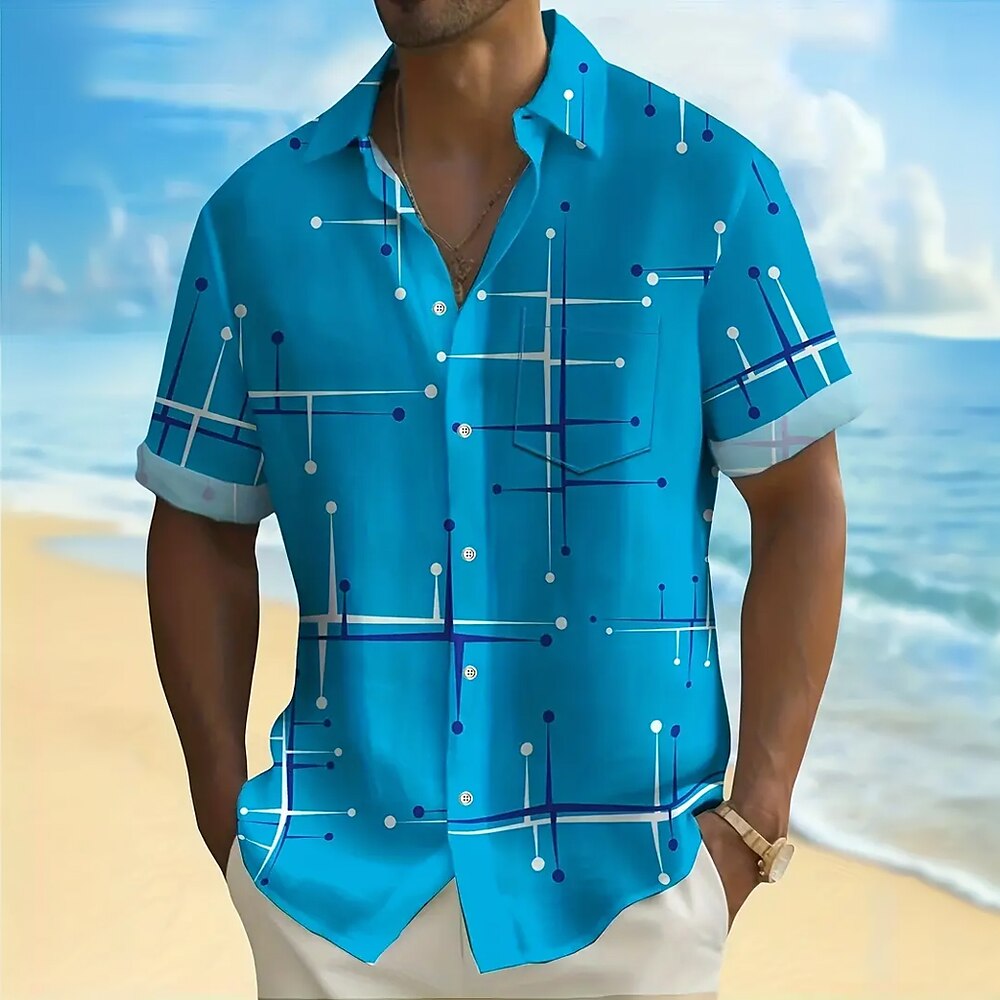 Herren Geometrisch Linie Hemd Freizeithemd Knopfhemd Kurzarm Modisch lässig Urlaub Ferien Streetwear Sommer Frühling Umlegekragen 3D-Druck Hemden mit Kragen Eine Tasche vorne Blau Lightinthebox