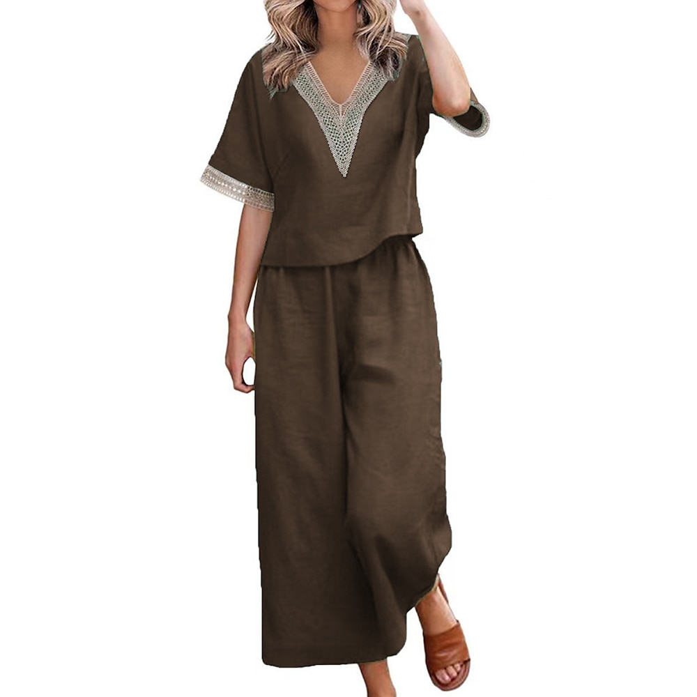 Damen Aktiv Basic Bluse Hosen-Sets Halbarm V Ausschnitt Einfarbig Patchwork Ferien Dunkelgrau Schwarz Dunkelmarine Sommer Normale Passform Lightinthebox