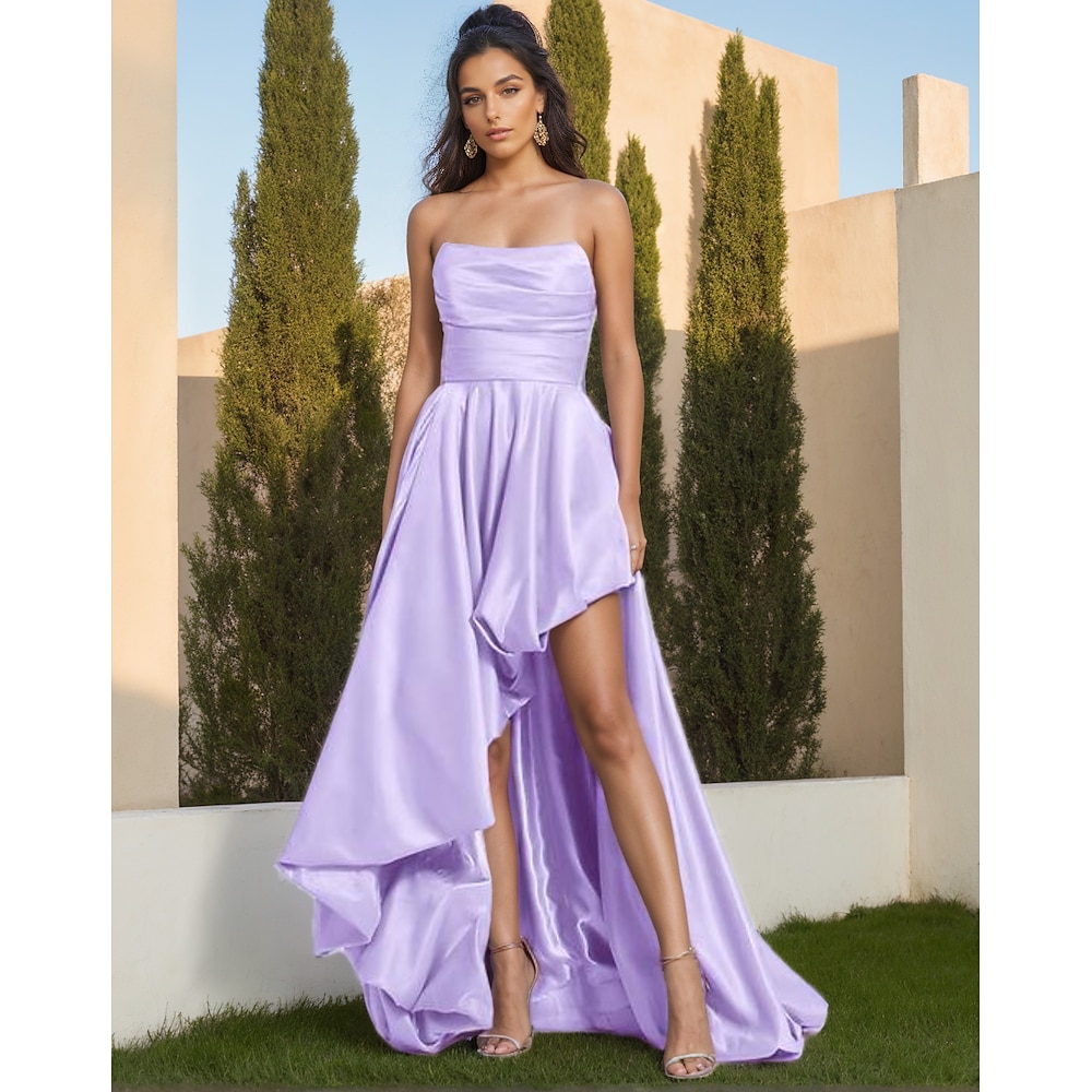A-Linie Cocktailkleider Elegant Kleid Formell Hochzeit Bodenlang Ärmellos Schulterfrei Satin mit Gerafft 2025 Lightinthebox