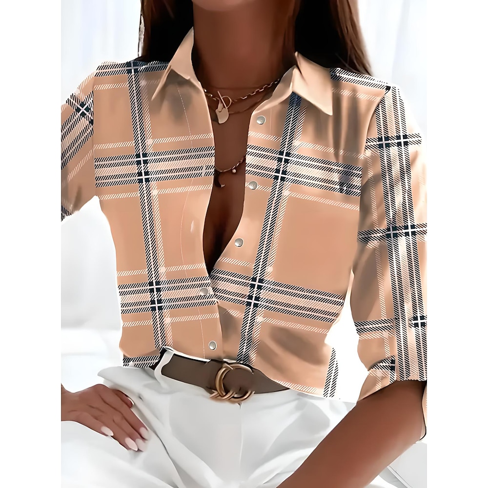 Damen Hemd Geometrisch Plaid Brautkleider schlicht Langarm Hemdkragen Normale Oberteile Arbeit Täglich Ausgehen Knopf Bedruckt Khaki Sommer Frühling Herbst Lightinthebox