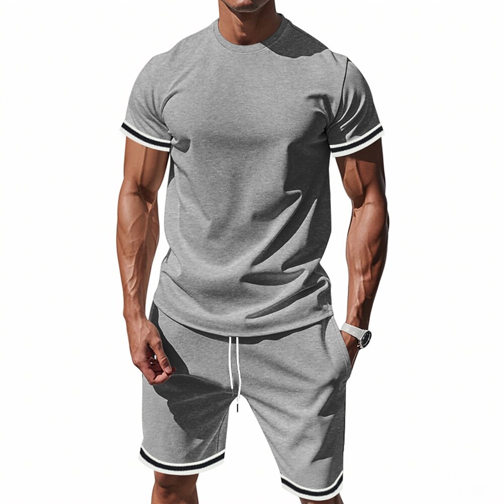 Herren T-Shirt Anzüge 2-teiliges Outfit T-Shirt und Shorts Kurzarm Stehkragen Sommer Gestreift Mode Lässig 2 teilig Urlaub Alltagskleidung Ausgehen Schwarz Rote Dunkelmarine Top T-Shirt für Herren Lightinthebox