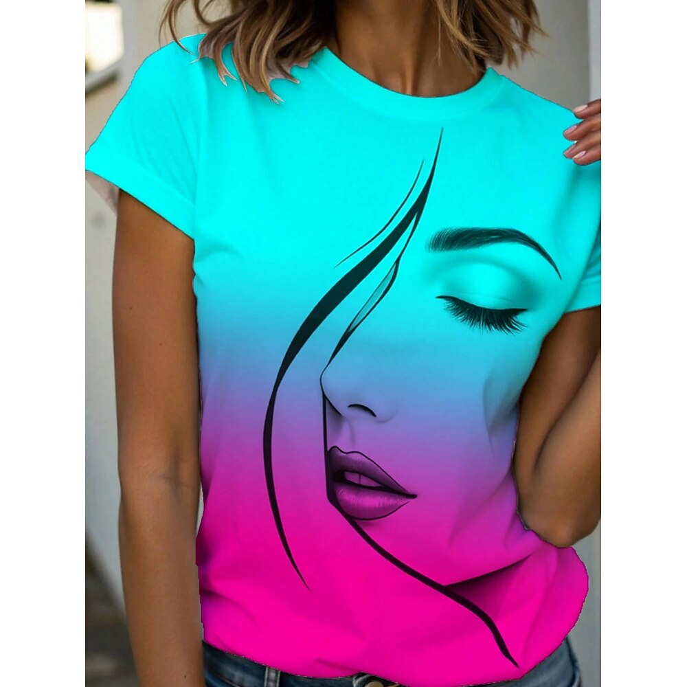 Damen T Shirt Grafik Abstrakt Stilvoll Lässig Kurzarm Rundhals Normale Oberteile Täglich Wochenende Druck Rosa Blau Purpur Grün Sommer Frühling Lightinthebox