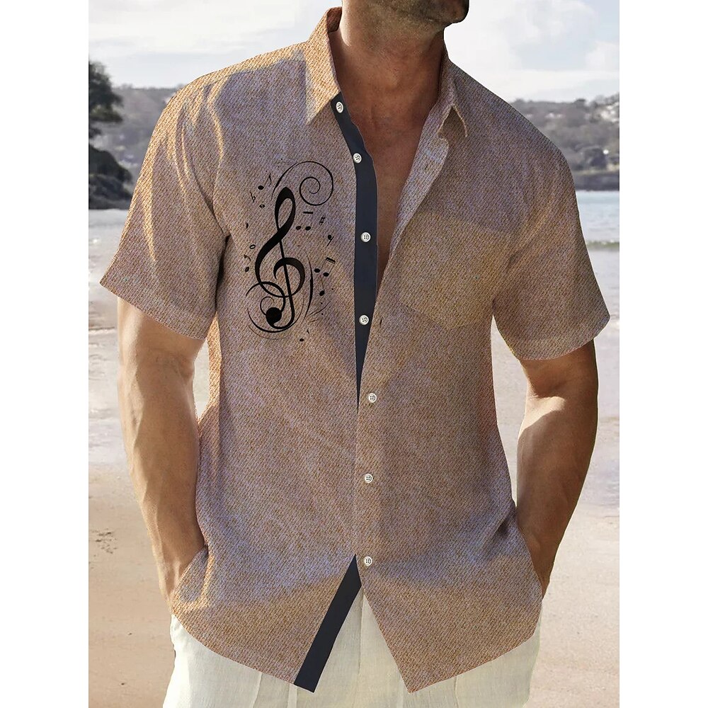 Herren Sommerhemd Freizeithemd Strandhemd Knopfhemd Kaki Kurzarm Muster Musiknoten Revers Urlaub Hawaiianisch Bekleidung Polyester Mode Lässig Bequem Lightinthebox