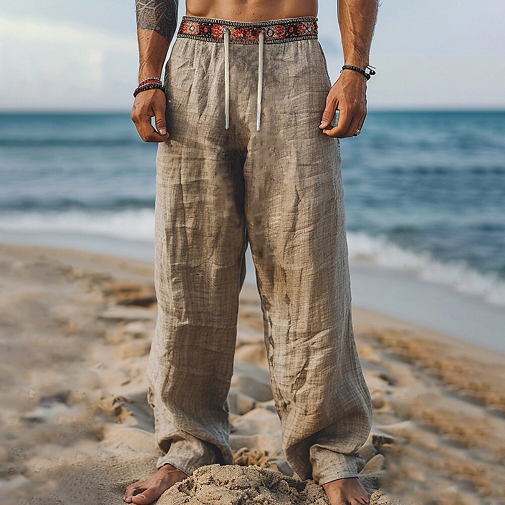 Herren Leinenhose Hose Hosen Sommerhosen Strandhose Patchwork Kordelzug Elastische Taille Geometrisch Komfort Atmungsaktiv In voller Länge Casual Täglich Festtage Urlaub Modisch Khaki Lightinthebox