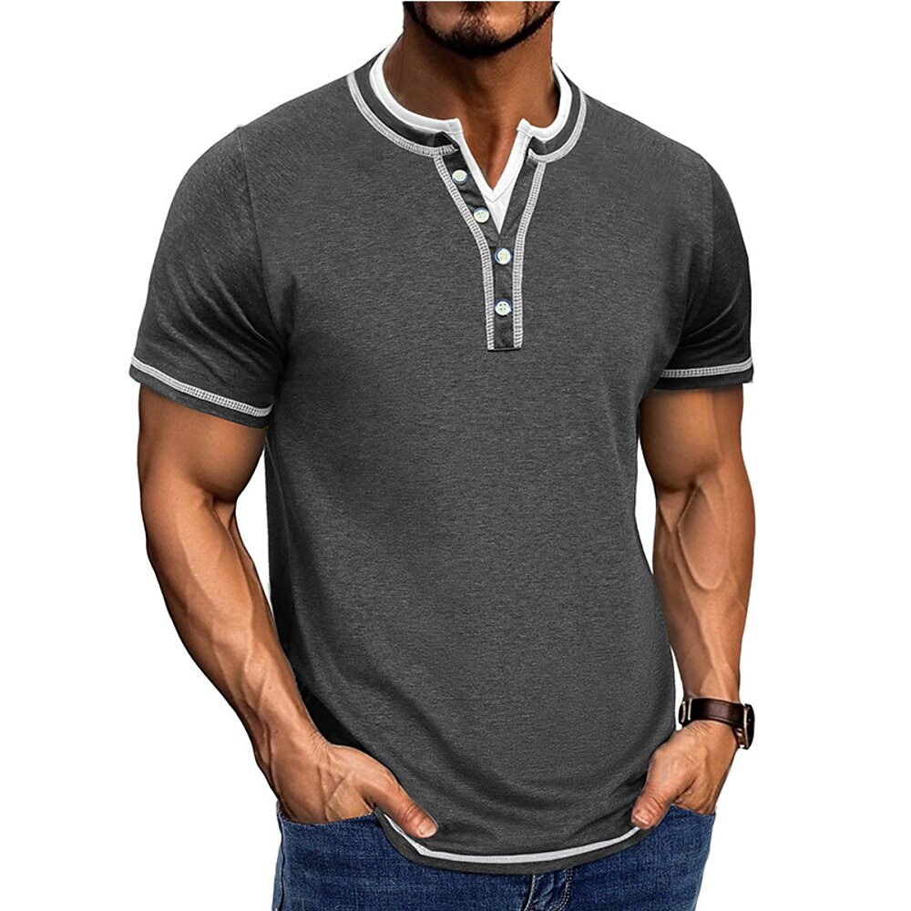 Herren Henley Hemd T-Shirt Kurzarm Einfach Vintage Knöpfe Falscher Zweiteiler Henley Outdoor Lässig Täglich Sommer Frühling Herbst Dunkelgrau Schwarz Hellblau Henley T-Shirt Lightinthebox