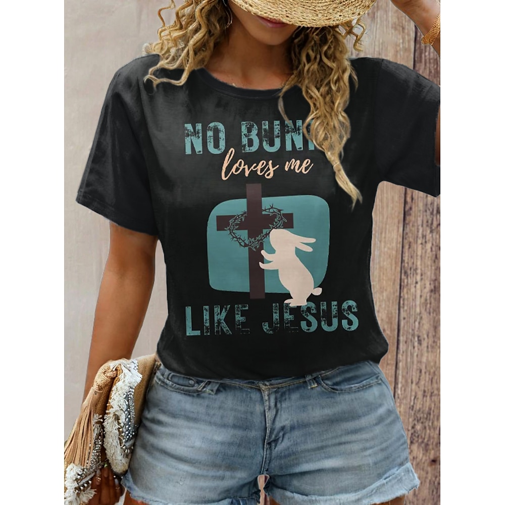 Ostern Damen T Shirt Buchstabe Kreuz Brautkleider schlicht Kurzarm Rundhalsausschnitt Normale Oberteile Täglich Ausgehen Wochenende Bedruckt Schwarz Sommer Lightinthebox