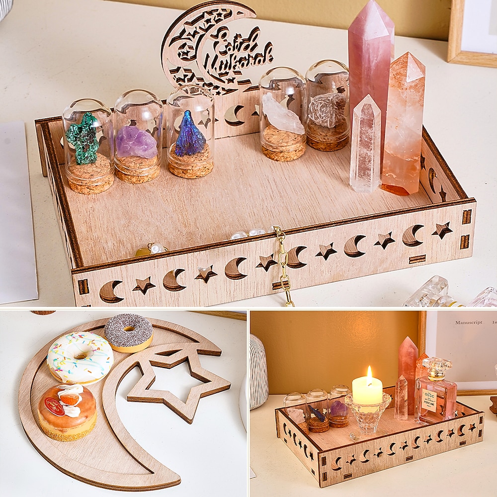 Ramadan Aufbewahrungsbox aus Holz - Stern Mond-Laserschnitt-Design, Eid al-Fitr Tischorganizer für Eid-Feiern, dekorativer Korb für muslimische Feste Lightinthebox