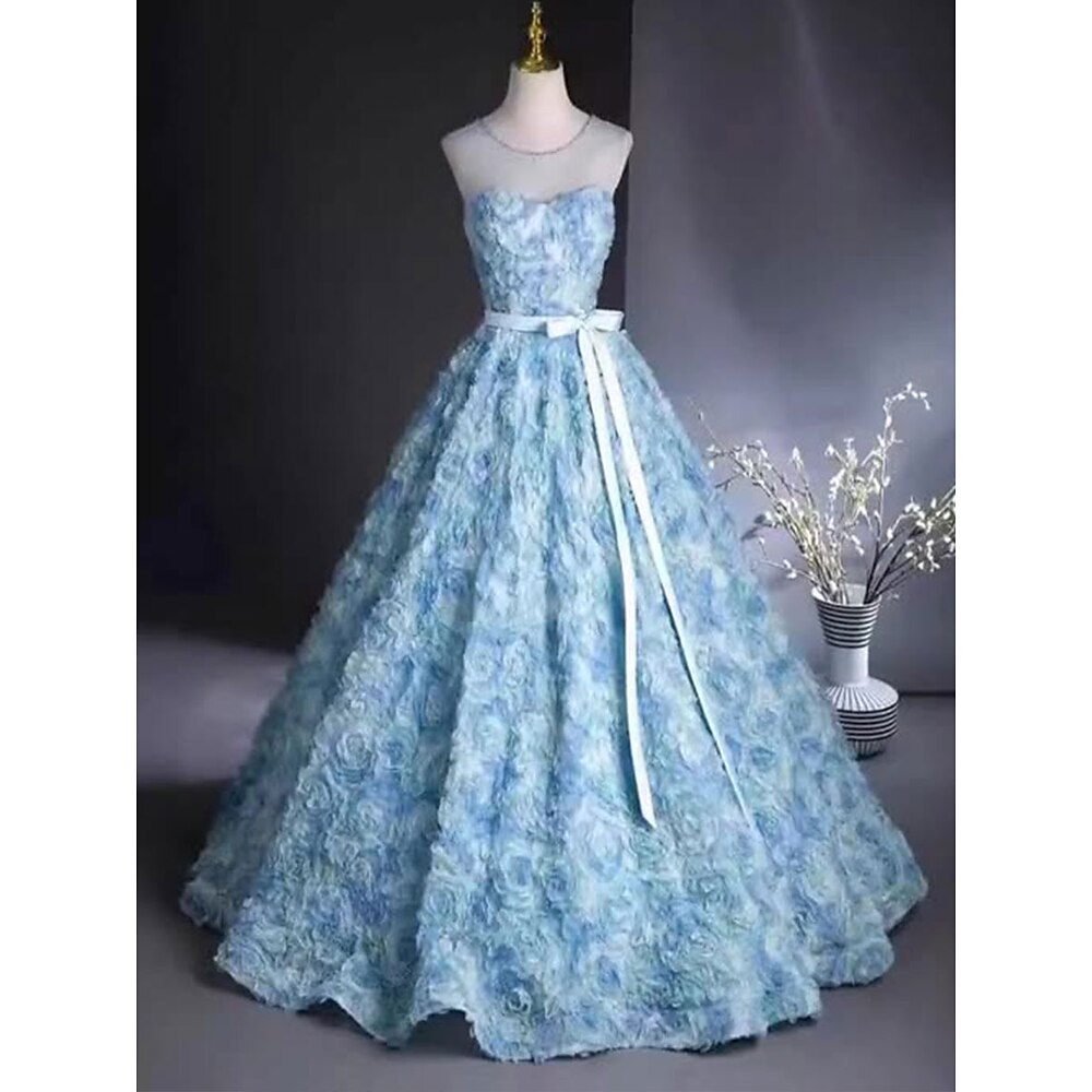 A-Linie Quinceanera-Kleider Elegant Kleid Hochzeit Hochzeitsgast Bodenlang Ärmellos Juwelenhals Polyester Rückenfrei mit Blumenmuster 2025 Lightinthebox