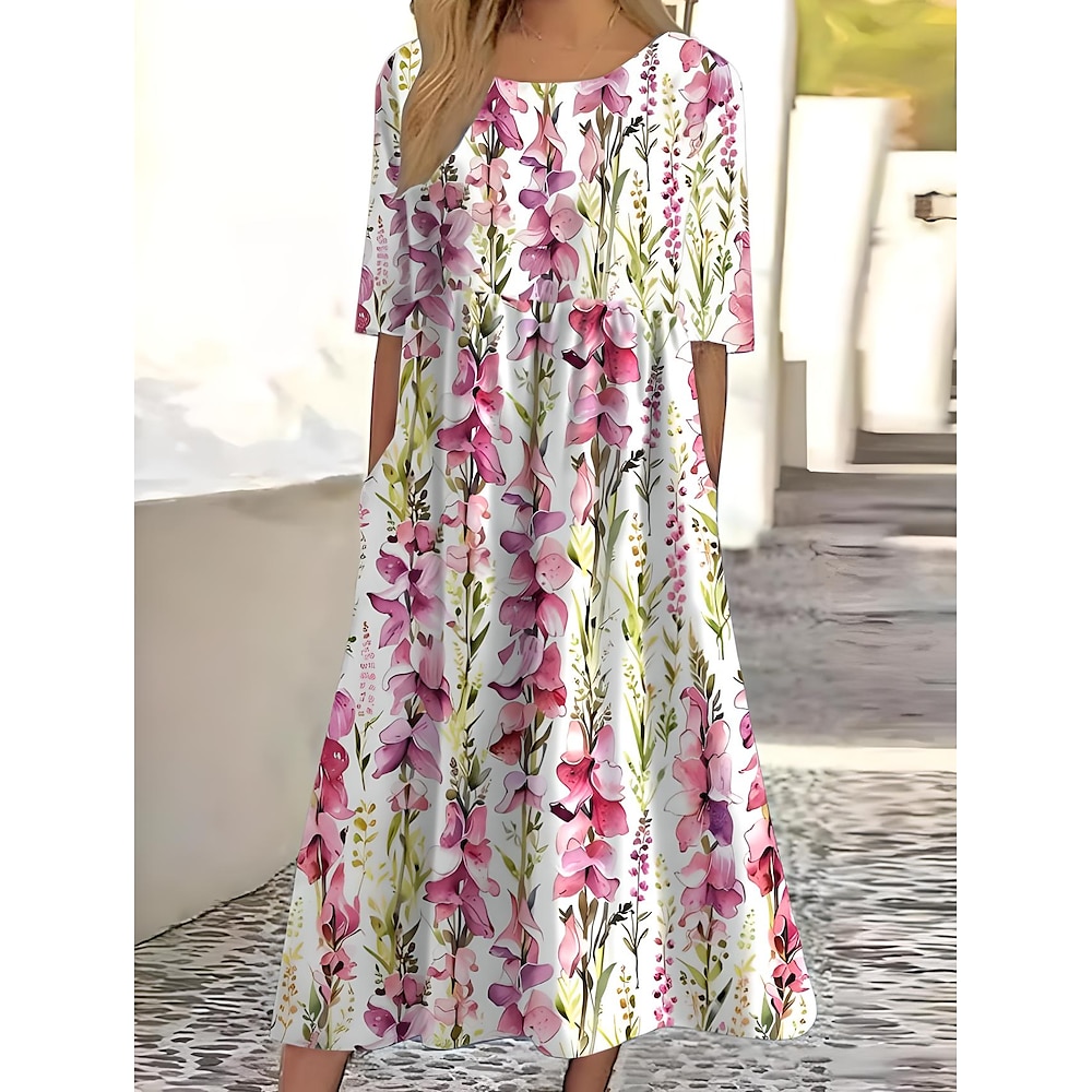 Damen Midikleid Sommerkleid Faltenkleid Urlaub Lässig Strand Täglich Ausgehen Sommerkleid Lässiger Schnitt Blumen Grafik Kurzarm Rundhalsausschnitt Weiß Rosa Blau Dunkelblau Sommer Lightinthebox