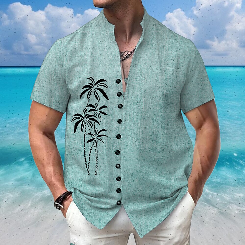 Herren Kokospalme Tropische Pflanzen Sommer Hawaiihemd Stehkragenhemd Kurze Ärmel Hawaiianisch Urlaub Strandbekleidung Mandarinkragen Großvaterkragen Knopf hoch 3D-Druck Leinenähnliches Hemd Rosa Lightinthebox