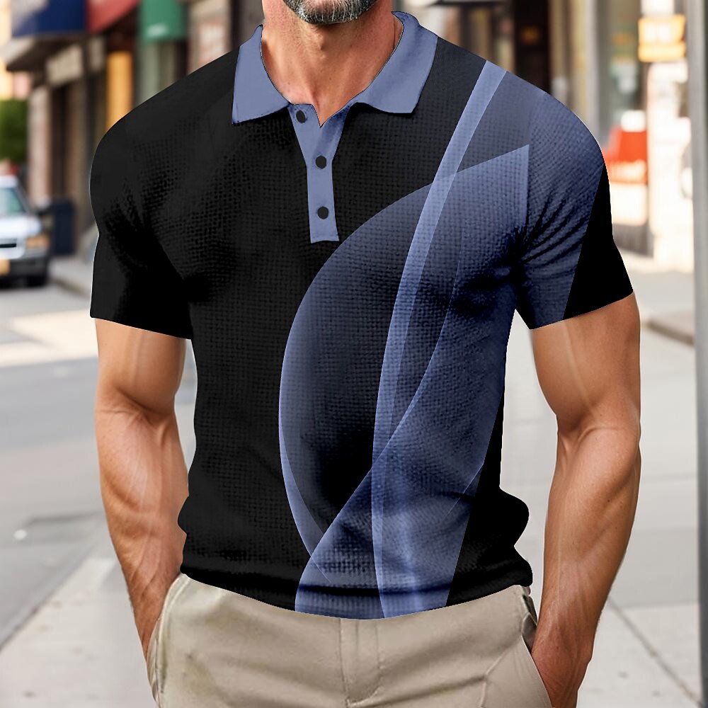 Herren Sommer Geometrisch Linie Waffel-Poloshirts Kurzarm Polo-Shirts Hemden mit Kragen Business-Casual Outdoor Geschäft Athleisure Alltagskleidung Knöpfe 3D-Druck Blau Lightinthebox