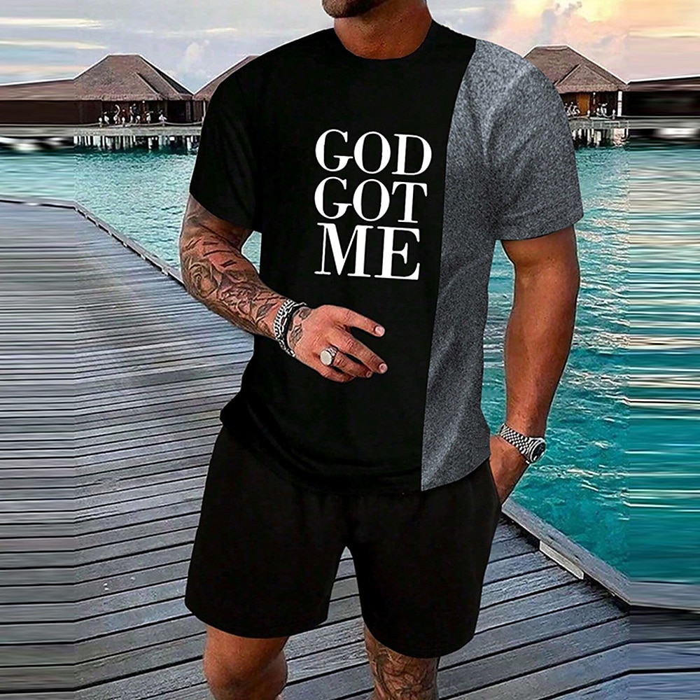 Herren Text / Nummer 2St T-Shirts-Sets Sommeroberteile Kurzarm Kurze Hosen Rundhalsausschnitt Sport Lässig Outdoor Sport Täglich 3D-Druck Grau Grün Braun Lightinthebox