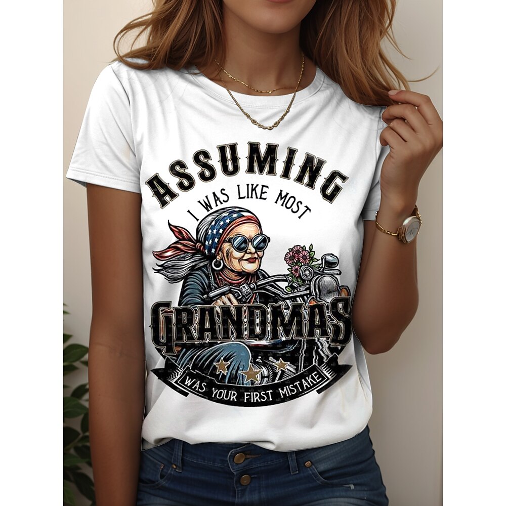 Damen T Shirt Grafik Buchstabe Stilvoll Lässig Kurzarm Rundhals Normale Oberteile Täglich Wochenende Druck Weiß Sommer Frühling Grandmas Motorcycle Lightinthebox