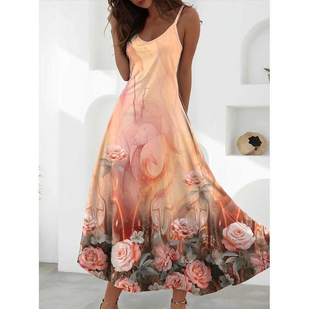 Damen Maxikleid A Linie Kleid Sommerkleid Unterkleid Urlaub Lässig Täglich Normale Passform Blumen Grafik Ärmellos V Ausschnitt Spaghettiträger Weiß Blau Orange Sommer Frühling Lightinthebox