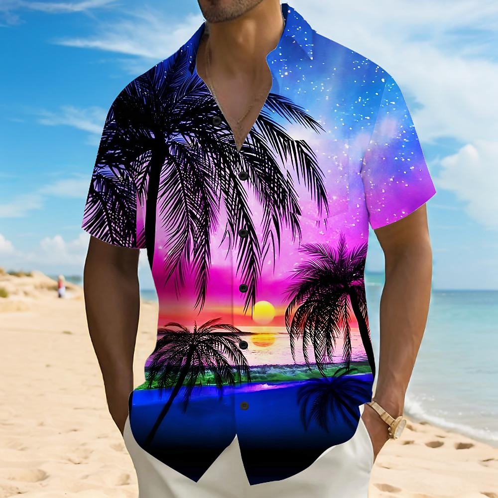 Herren Kokospalme Natur Landschaft Hemd Sommer Hawaiihemd Knopfhemd Kurzarm Hawaiianisch Urlaub Ferien Strandbekleidung Sommer Umlegekragen 3D-Druck Hemden mit Kragen Eine Tasche vorne Blau Lightinthebox