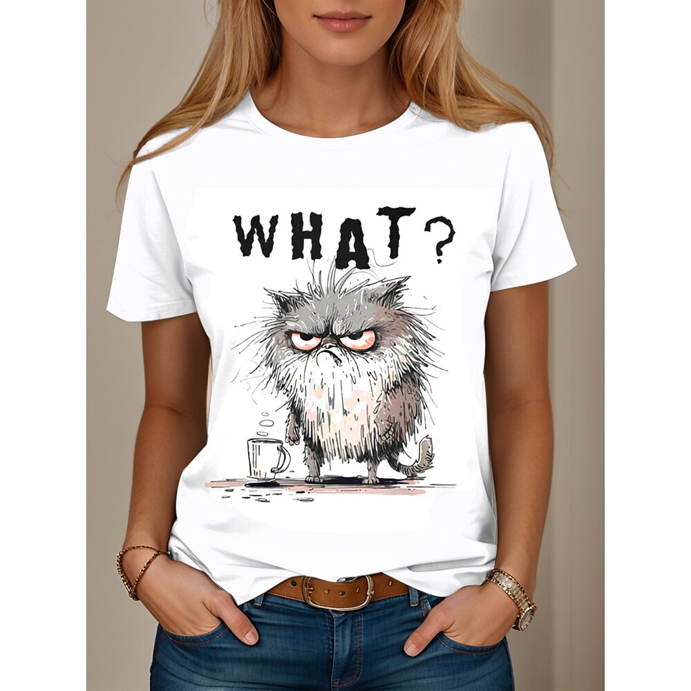 Damen T Shirt Grafik Tiermotiv Buchstabe Stilvoll Lässig Kurzarm Rundhals Normale Oberteile Täglich Wochenende Druck Schwarz Weiß Sommer Frühling Lightinthebox