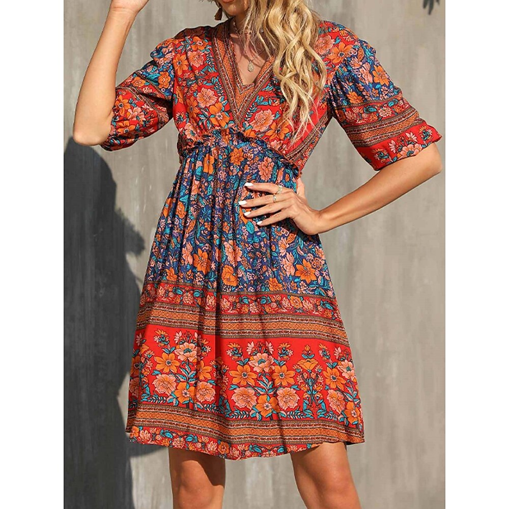 Damen Minikleid A Linie Kleid Urlaub Lässig Outdoor Ausgehen Normale Passform Grafik Dreiviertelarm V Ausschnitt Rote Orange Aprikose Sommer Lightinthebox