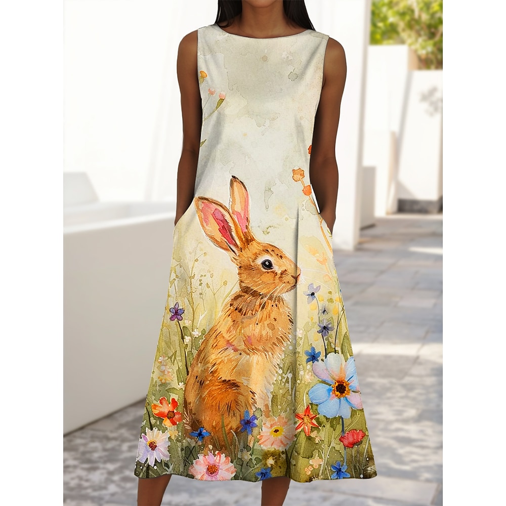 Ostern Damen Midikleid A-Linien-Kleid lässig Urlaub normale Passform Blumen Grafik Tier ärmellos Rundhalsausschnitt gelb Lightinthebox