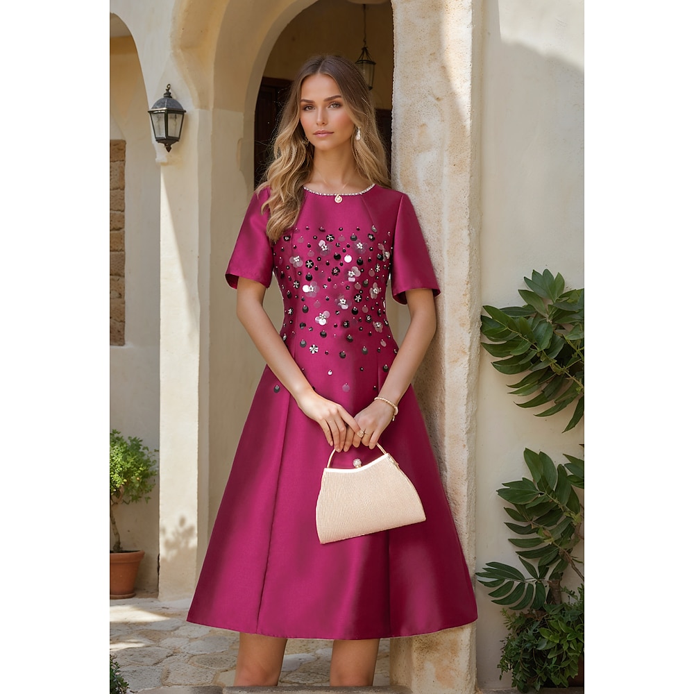 A-Linie Cocktailkleider elegantes Derbykleid Hochzeitsgast Urlaub Teelänge Kurzarm Rundhalsausschnitt Satin mit Perlen Pailletten 2025 Lightinthebox