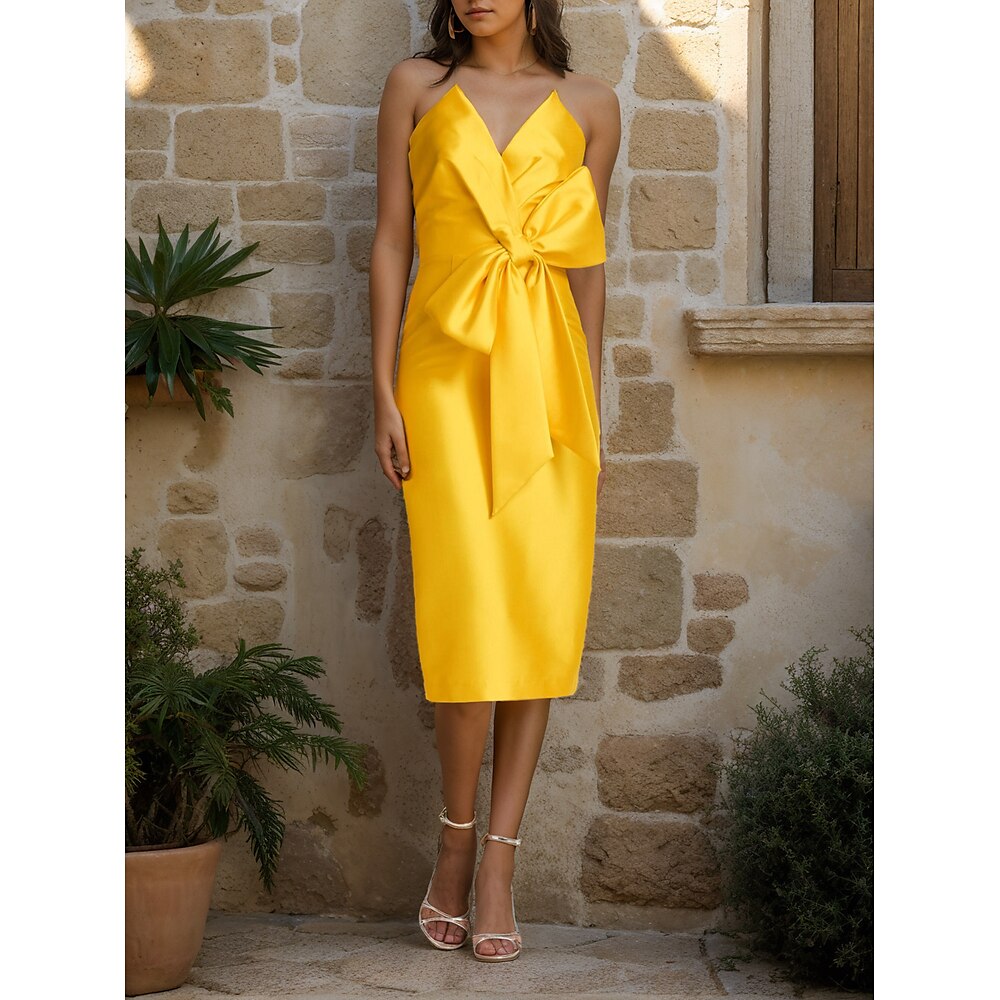 Schlauchkleid Cocktailkleider Elegant Kleid Formell Hochzeit Tee-Länge Ärmellos V Ausschnitt Rosa Kleid Satin mit Schleife(n) 2025 Lightinthebox